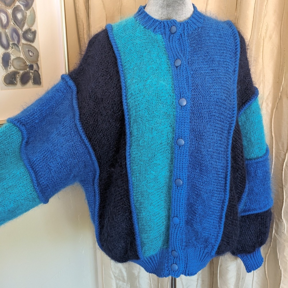 Vintage 80s Mohair Cardigan Sweater M/L Irish Colorblock Chunky Knit Oversized - Picture 6 of 14